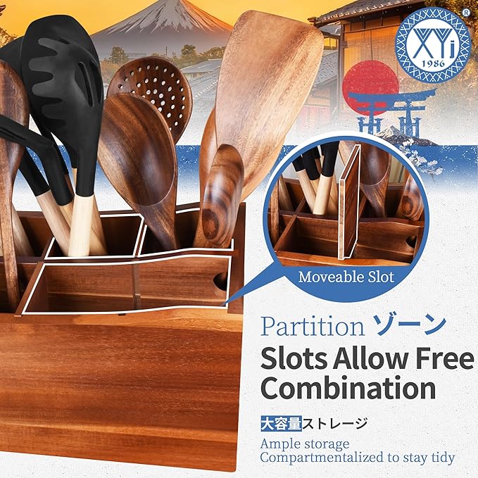 XYJ Wooden Utensil Holder, Utensil Container with Cookware Tools, Including Spatulas, Ladles, Whisks, Food Tongs & Pastry Brush, Acacia Wood Kitchen Organizer Tool for Kitchen Counter