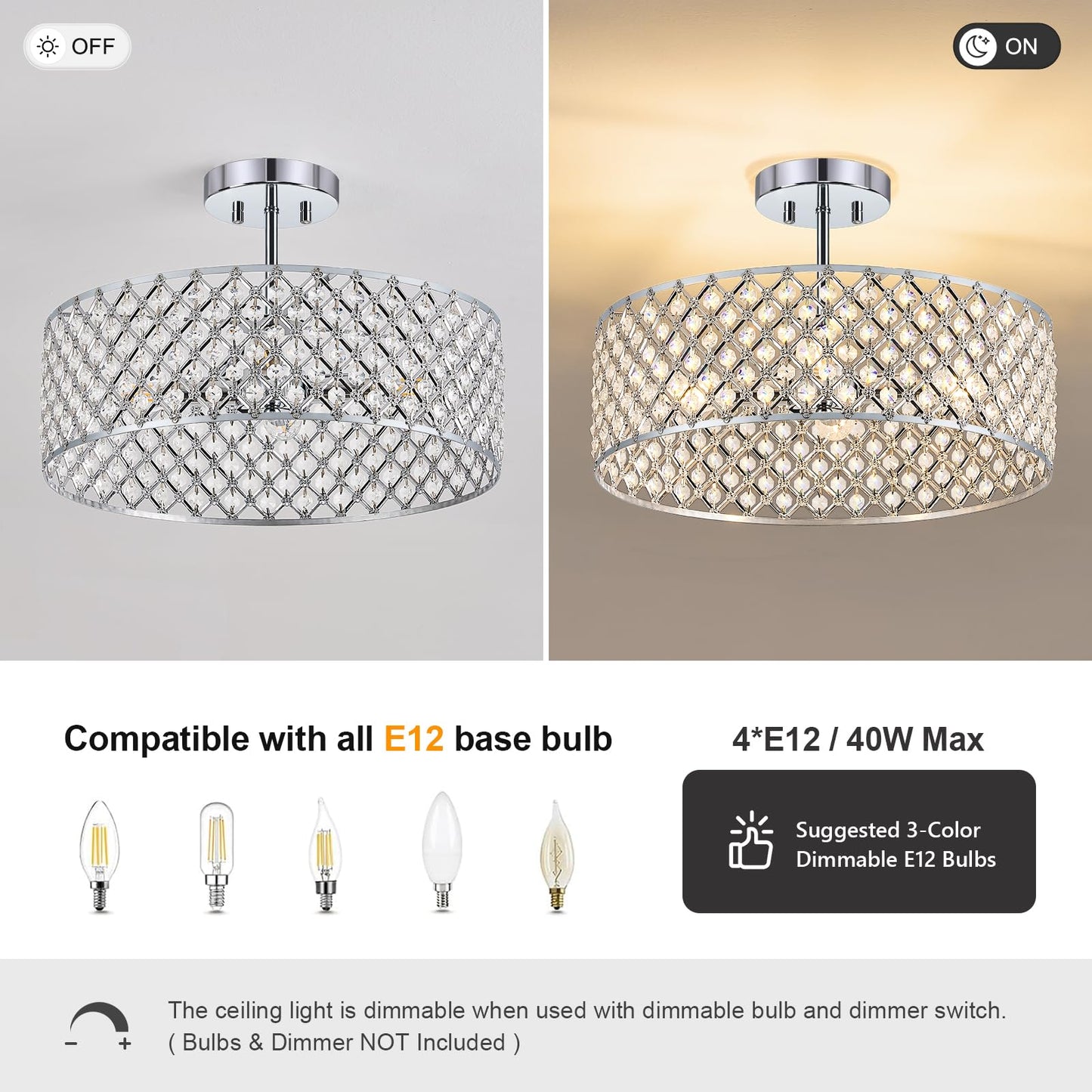 Bzvesr Chrome Crystal Ceiling Light Fixture Modern Semi Flush Mount Ceiling Lighting Fixture Round Small Chandelier For Dining Room  Hallway  Entryway  Kitchen  Bedroom Foyer 4 Light 15.7 Inch