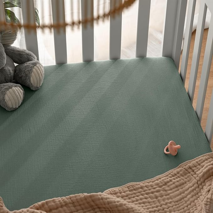 Comfy Cubs 100% Muslin Cotton Fitted Crib Sheet - Soft, Standard & Breathable Crib Sheets for Toddler Mattress - Snug Fit, Secure Elastic with Beautiful Packaging for Boys & Girls - Fern