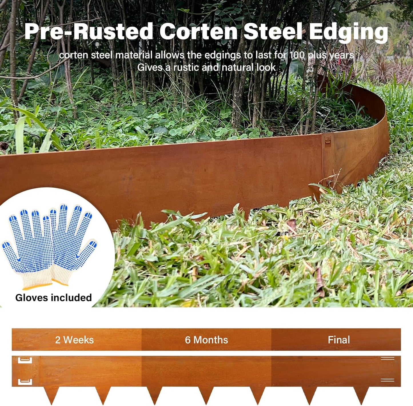 Cor-Ten Steel Landscape Lawn Edging, 40" L x 5" H,6 Pack Steel Edging for Landscaping,Metal Landscape Edging, Metal Edging for Landscaping(180 Degree Bend, Rusted)