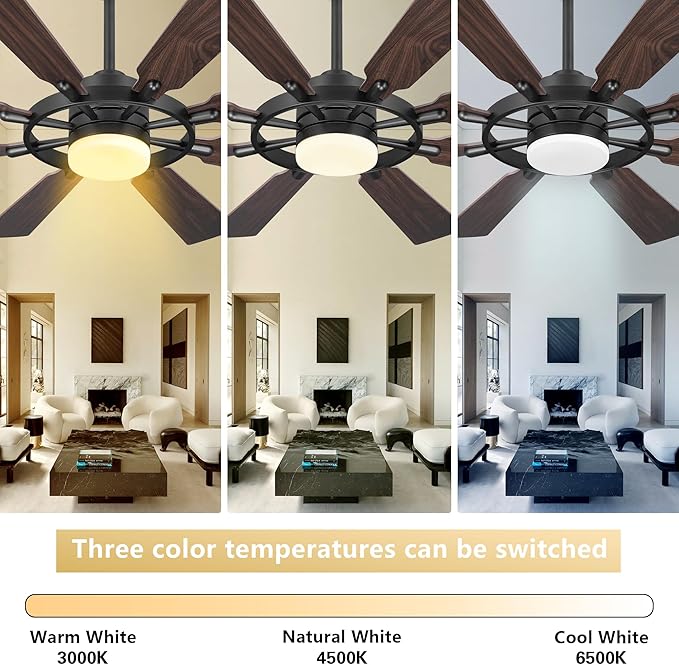 60" Ceiling Fan with Lights and Remote Control, Wood 8 Blades 6-Speed Noiseless Reversible DC Motor, 2 Downrods, Modern Ceiling fan for Office Porch Bedroom Dining Living Room, Black+Walnut