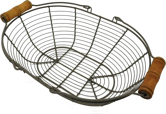 CVHOMEDECO. Oval Metal Wire Egg Basket Wire Basket with Wooden Handle Country Vintage Style Storage Basket. Rusty, 13 X 9 X 3-1/2 Inch