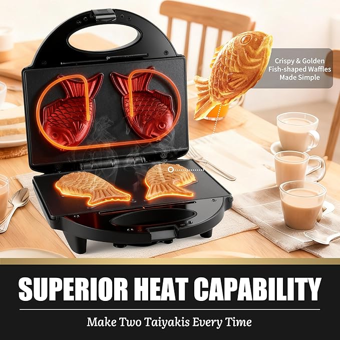 Taiyaki Fish Waffle Maker Machine with Non Stick Cooking Plate, Electric Japanese Fish Shaped Waffle Iron Pan, Korean Bungeoppang Pan, Recipe Included