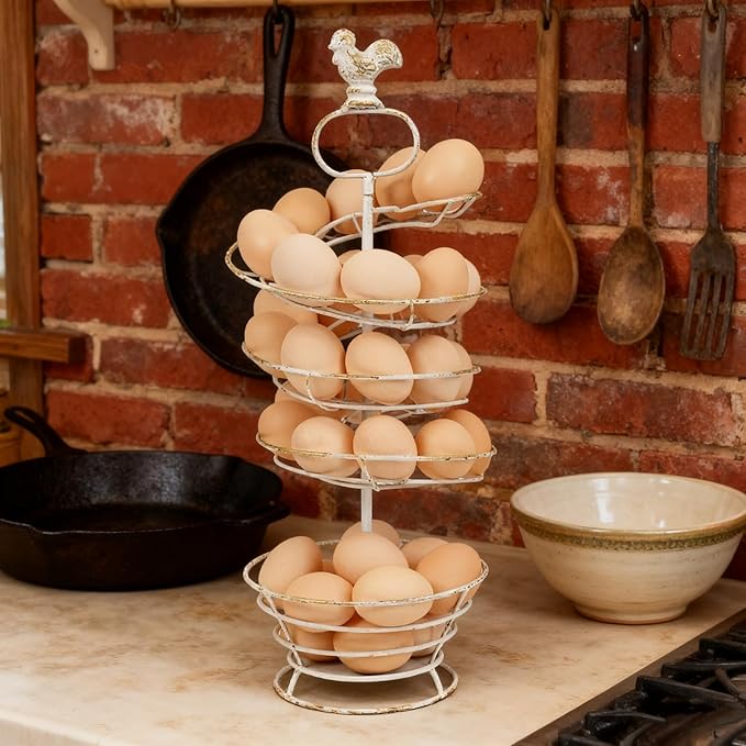 Vintage White Metal Spiral Egg Holder - Farmhouse Distressed Decor Egg Skelter Rack with Rooster Top, Storage Display Rack for Kitchen Countertop Decor (White with Gold)