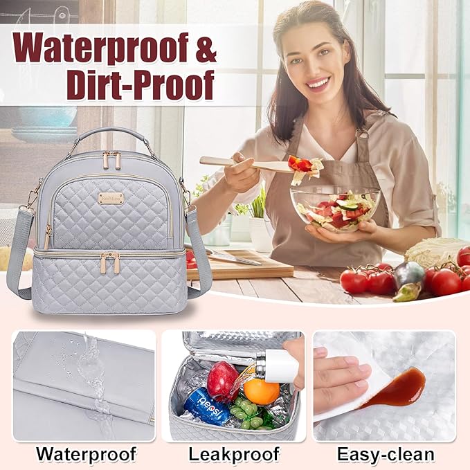 Lunch Bag - Dual Compartment Insulated Lunchbox for Men & Women - Leakproof Lunch Cooler with Adjustable Strap for Work, Picnic, Beach