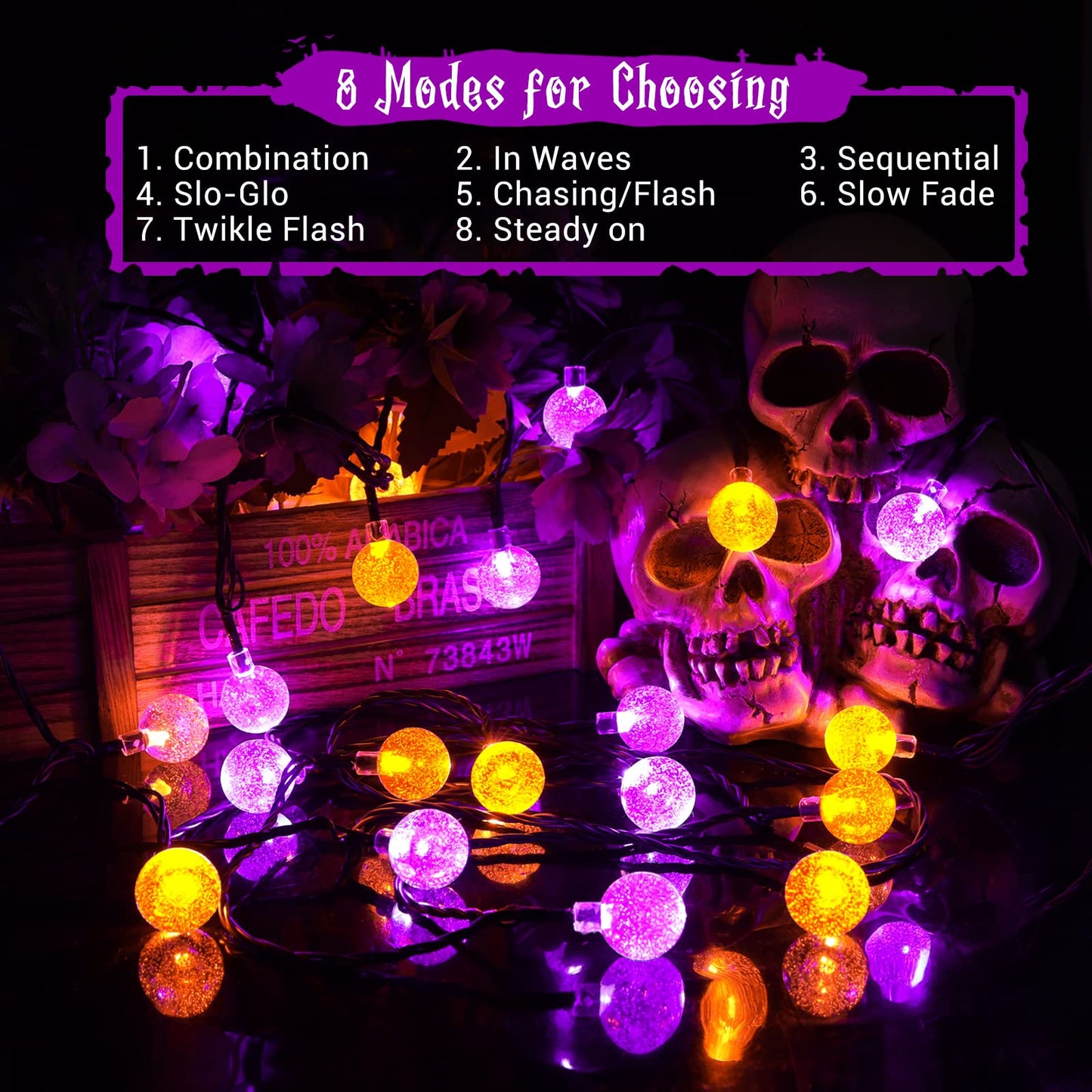Lomotech Halloween Solar Lights - 100 LED String Lights - 72FT, Waterproof, 8 Modes, Orange & Purple, Model LED08230200