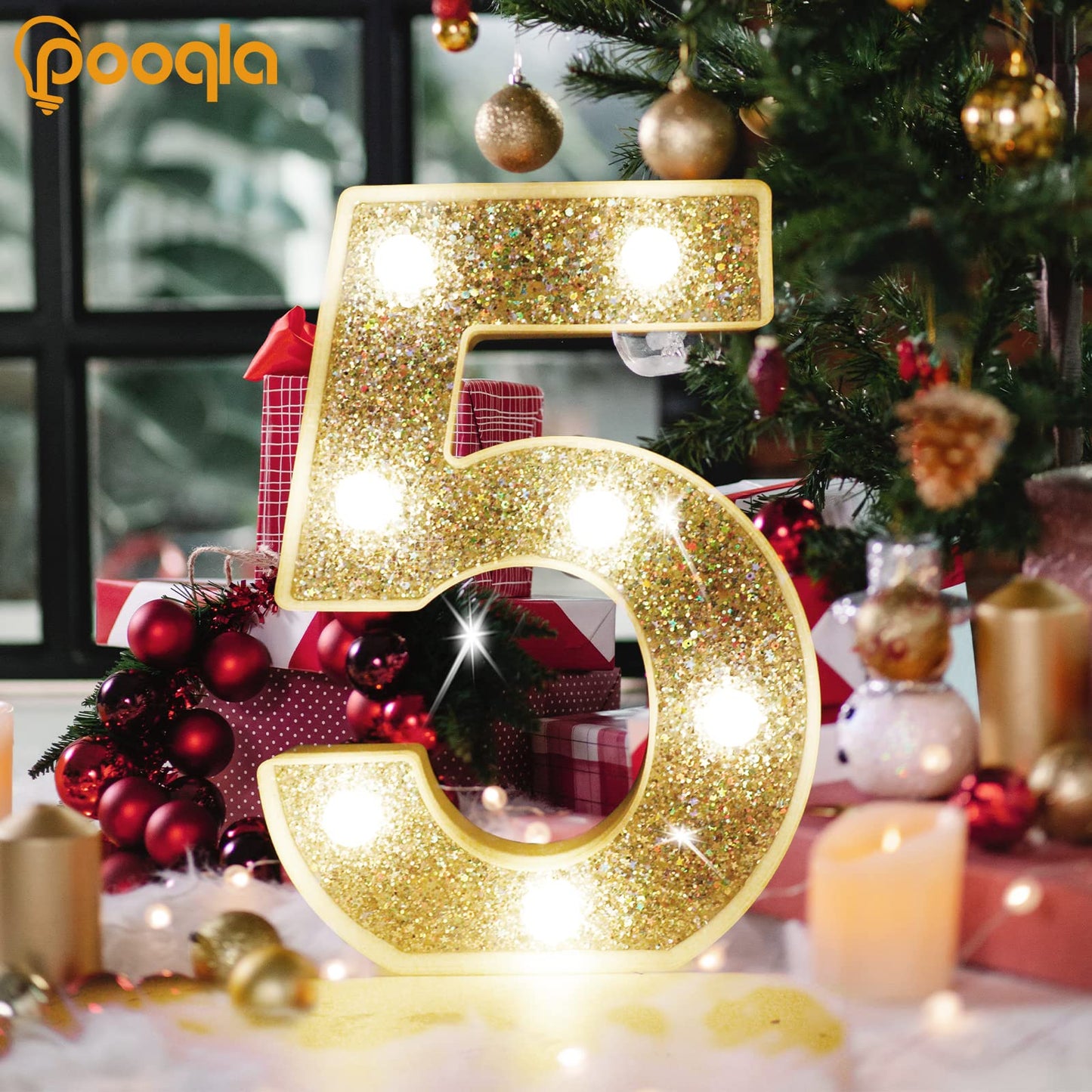 Pooqla Silver Number 7 Marquee Lights, Glitter Battery-Powered Night Light for Parties and Weddings