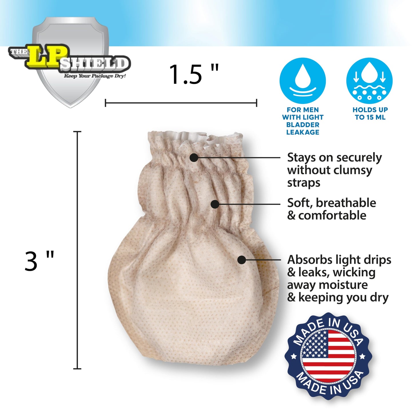 LP Shield™ for Men – 15 Count Disposable Male Incontinence Guards | Discreet Male Urinary Leakage Protection, Bladder Shields for Men, Bladder Control, Post-Void Dribble Pads