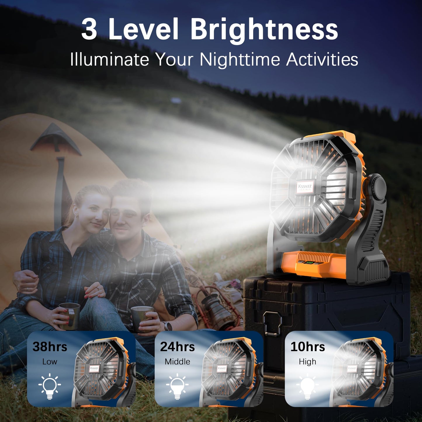 Portable Camping Fan Rechargeable With Led Lantern - 20000Mah Cordless Battery Powered Fan, 4 Speed Quiet Usb Table Desk Fan, Ba