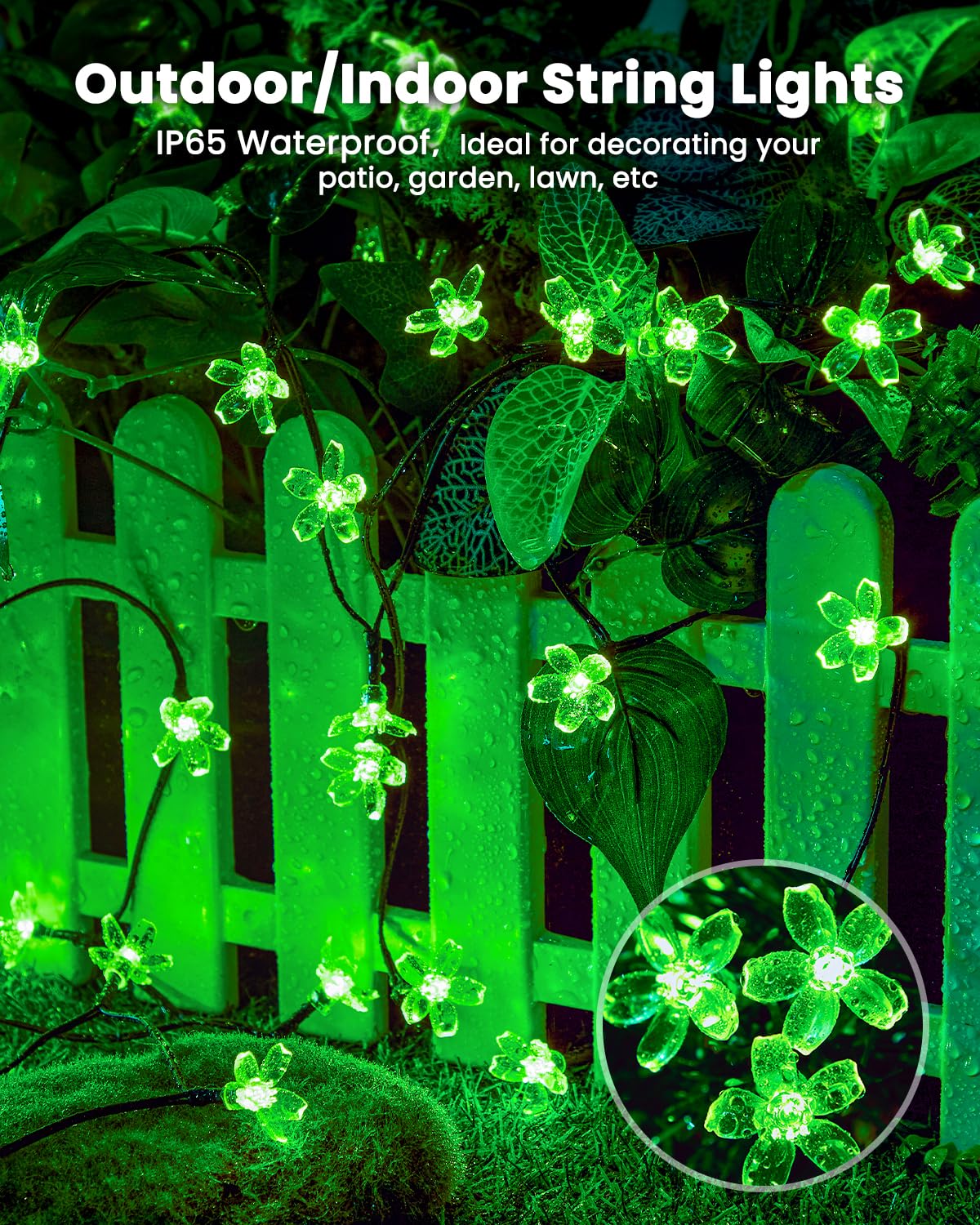 Brightown Solar Flower String Lights, 120 LED, 52FT, Waterproof, 2 Pack, Green for Garden, Yard, Patio, Wedding Decor
