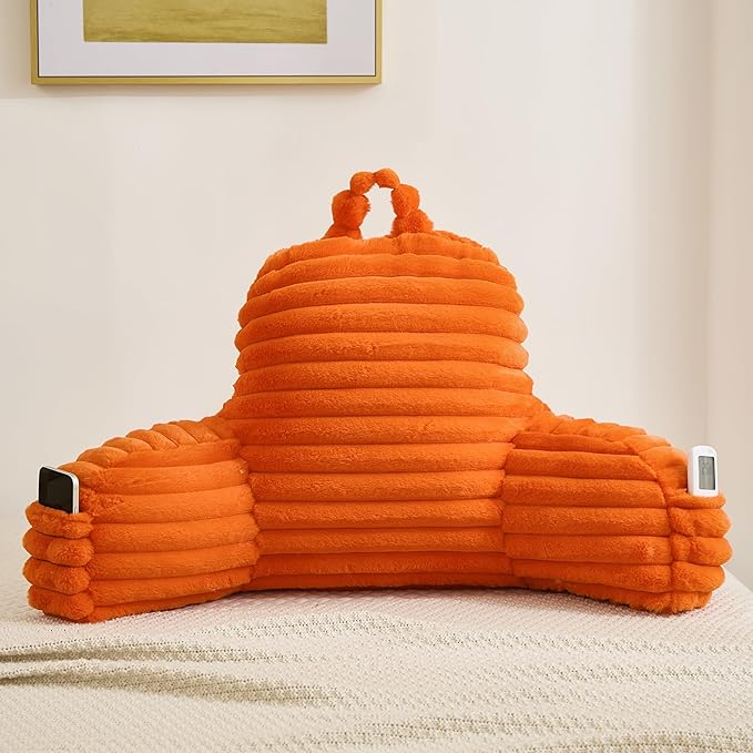 Faux Fur Fluffy Orange Reading Pillow with Pockets, Luxury Striped Plush Decorative, Arm Rests and Back Surport for Bed Rest, Lounging on sofa, Large