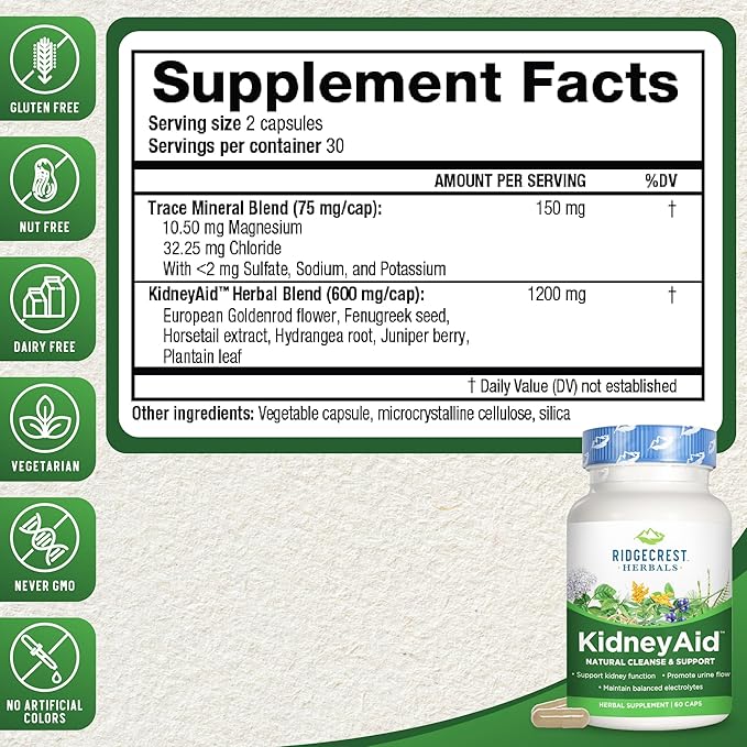 Ridgecrest Herbals KidneyAid, Kidney Health Support Supplement, Hydrangea, Horsetail, Urinary Tract Health Support, Trace Mineral (60 Caps, 30 Serv)