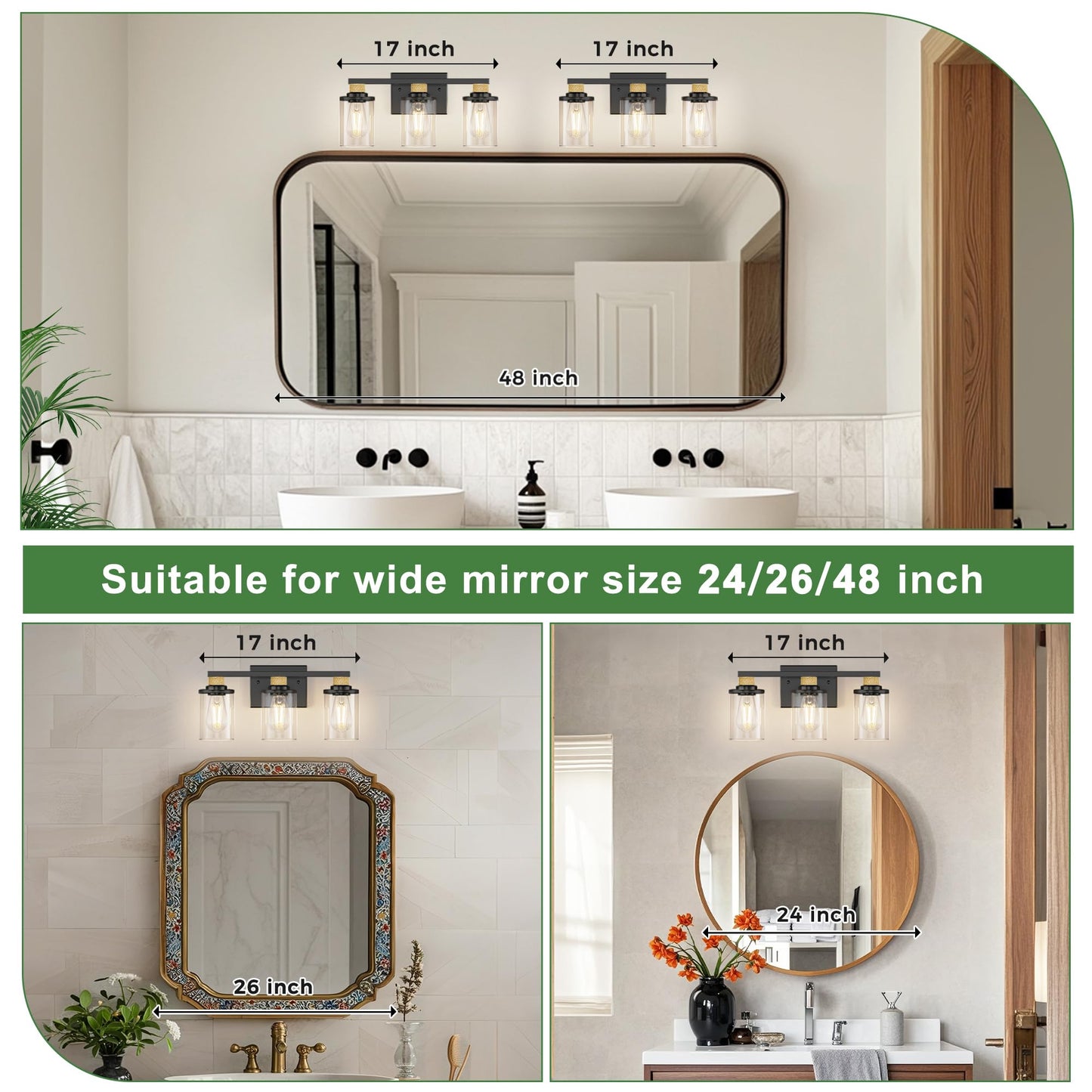 DORESshop 17 Inch Bathroom Light Fixtures, 3-Light Black & Rope Bathroom Lighting Fixtures Over Mirror with Clear Glass Shade, Vanity Lights for Living Room Bedroom