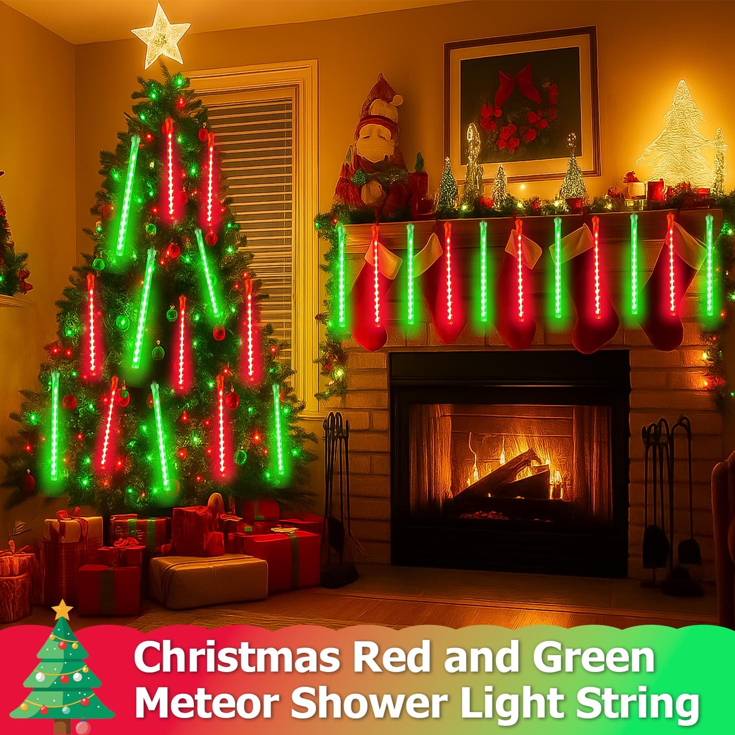 2-Pack Extendable Meteor Shower Christmas Lights Outdoor  16 Tubes 384 Leds Waterproof Falling Rain String Lights  Christmas String Lights Outdoor For Tree Garden Holiday Decorations (Red And Green)