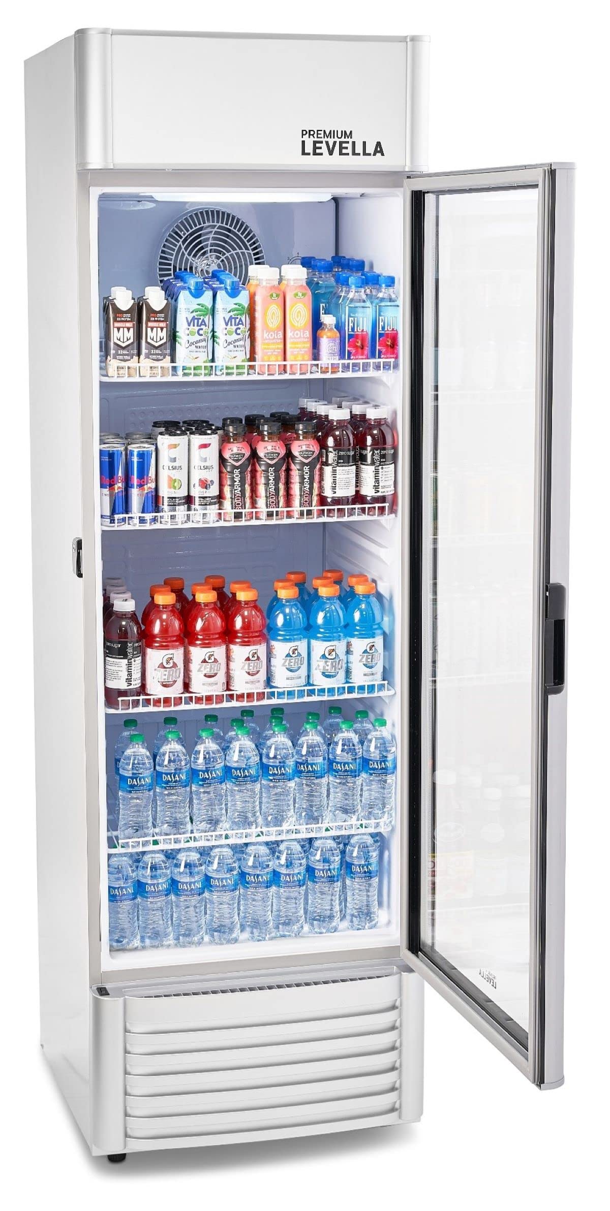 PremiumLevella PRF155DX Glass Door Display Refrigerator 15.5 cu ft Commercial Beverage Cooler Merchandiser With Customizable Lightbox - Silver