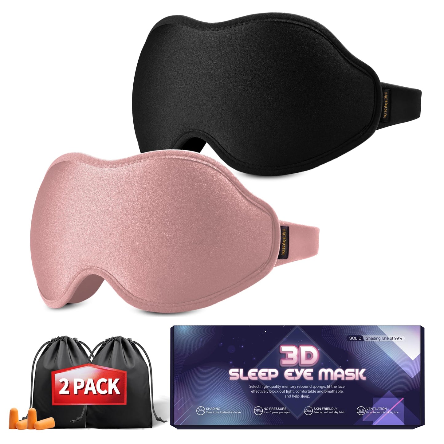 Sleep Masks for Women Men - Blackout Eye Cover for Lash Extension, 3D Contoured Sleep Mask for Side Sleeper, Soft Memory Foam, Sleep Masks for Travel, Airplane, Night(Cloud Black, Cloud Pink)