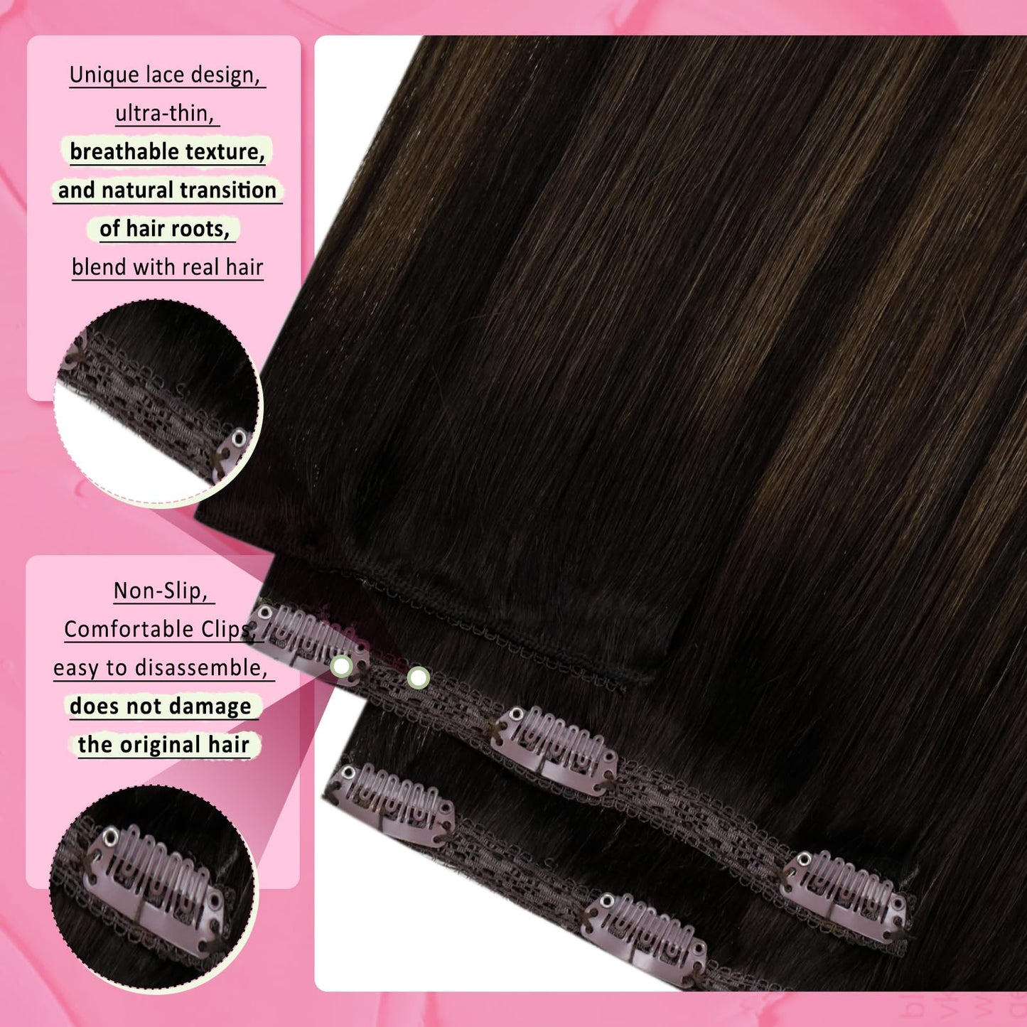 YoungSee Clip in Hair Extensions Balayage Remy Human Hair Clip in Extensions Dark Brown Mix Medium Brown Highlights Short Hair E