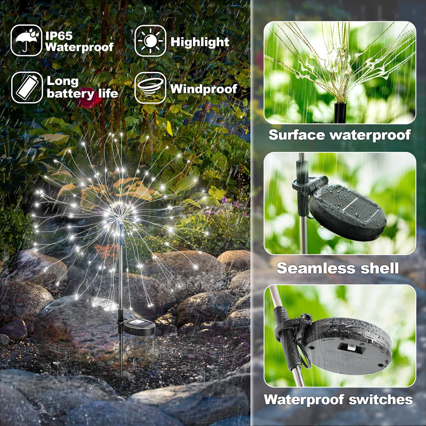 Anordsem Solar Garden Lights - Waterproof LED Starburst, 6 Pack, 120 LEDs, White, Model YHD00005