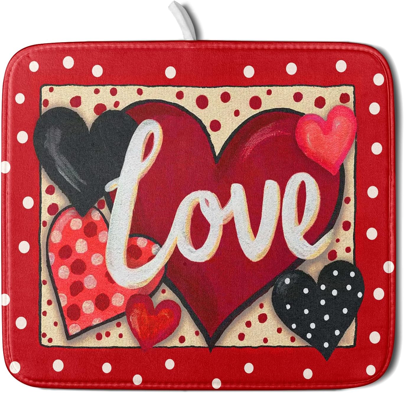 Love Heart Dish Drying Mat 16"x18" Red Dots Microfiber Dish Rack Mat Holiday Absorbent Fast Dry Draining Pad for Kitchen Counter Bar Sinks