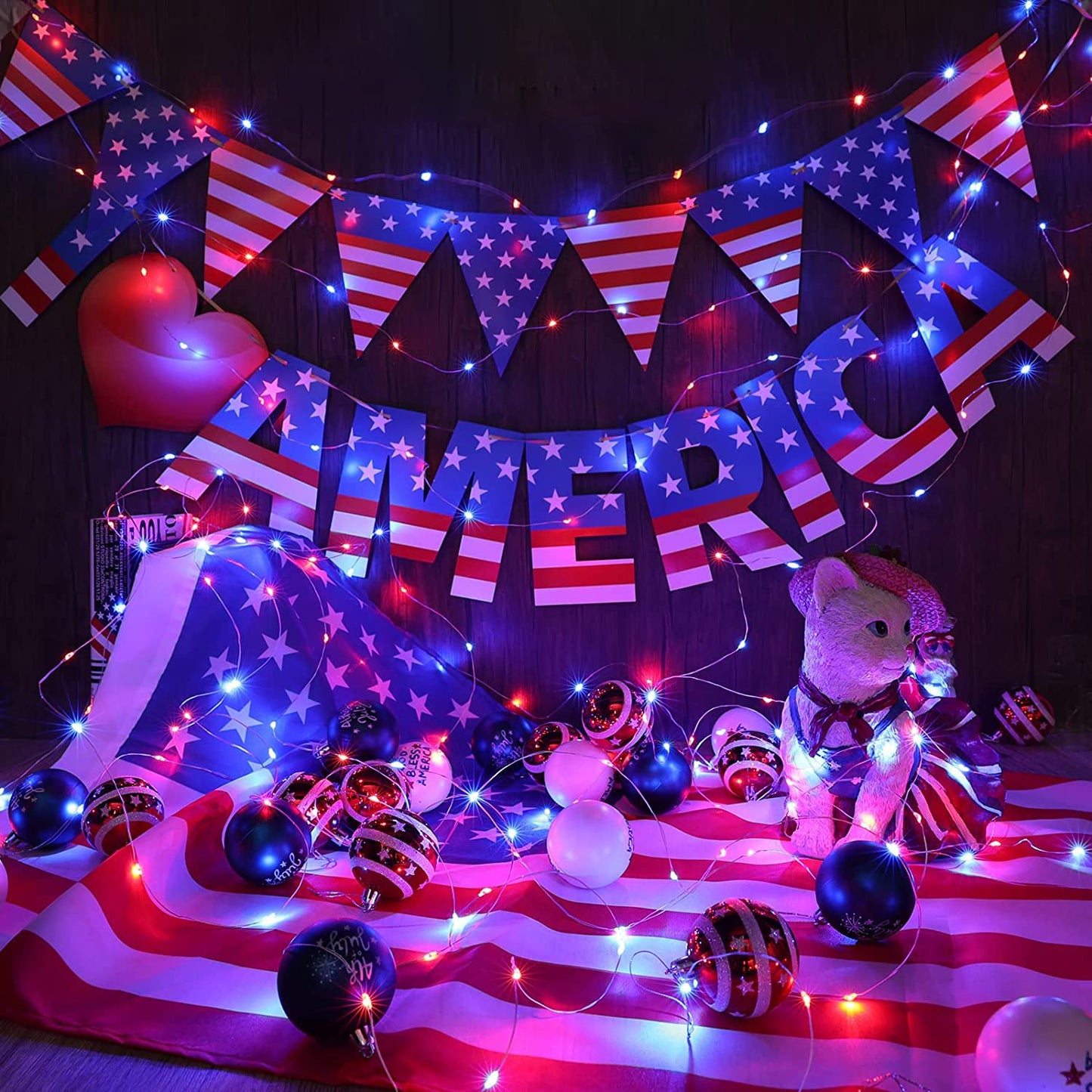 Yiaht 12 Pack 20 LED Waterproof Lights, 7 Feet Silver Wire, Red White Blue, Firefly Starry Lights for Independence Day Decor
