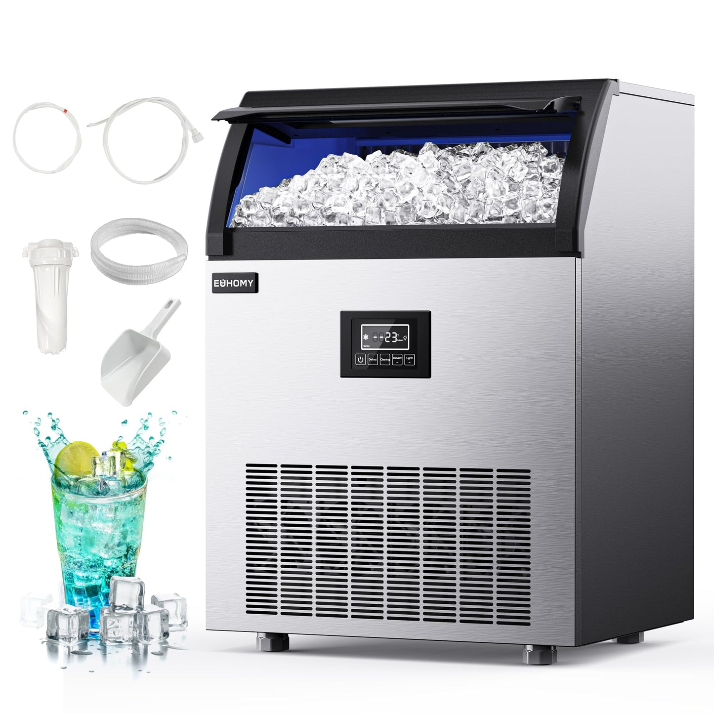 EUHOMY Commercial Ice Maker,350lbs/24H,Stainless Steel Under Counter Ice Machine with Water Filter,40lbs Storage Capacity, 126 Cubes in 8-12 Mins, Freestanding Ice Machine for Home/Bar/Cafe/Restaurant