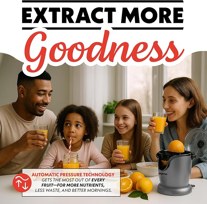 Gourmia Hands Automatic Citrus Juicer with One-Touch Operation - Universal Cone, Anti-Drip Spout, Dishwasher Safe Accessories, Compact, Quiet 60W Motor
