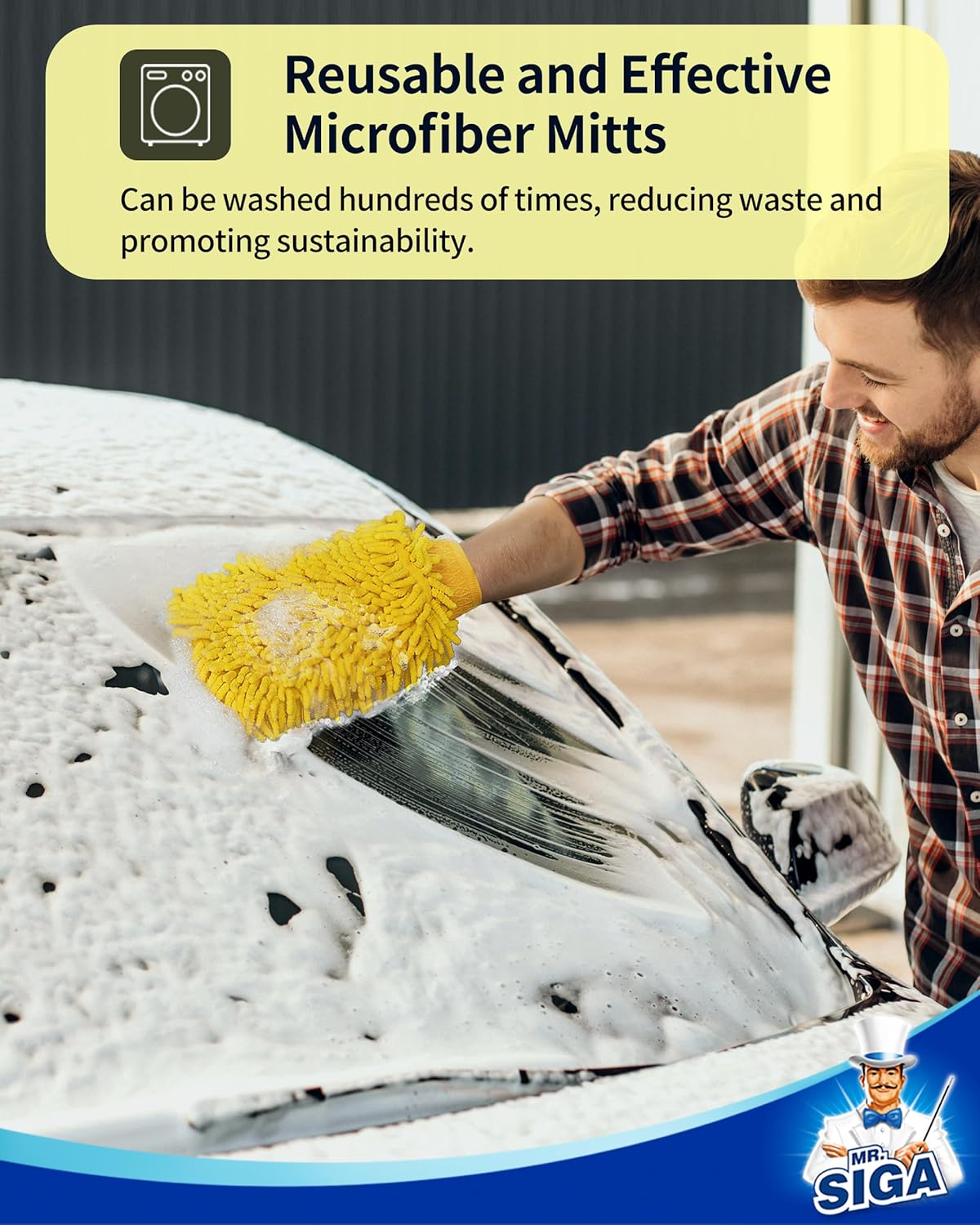 MR.SIGA Premium Microfiber Soft Chenille Car Wash Mitt, Pack of 2, Blue & Yellow