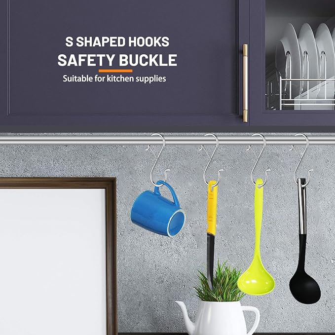 12 PCS S Hooks for Hanging with Safety Buckle, 3.5 inch Heavy Duty Metal S Shaped Hooks for Kitchen Utensil, Cups, Pots, Plants, Bags, Hats (Silver)