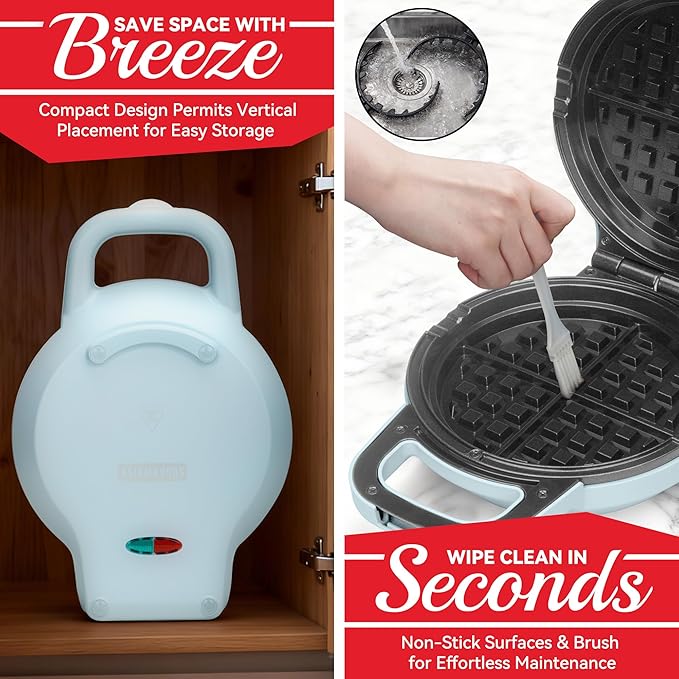 6" Stuffed Waffle Maker Rotating, Flip Waffles Maker Machine with Removable Waffle Ring, Ceramic Coated Belgian Waffle Maker for Kids, Waflera Electrica, Waffle Iron, Pale Blue