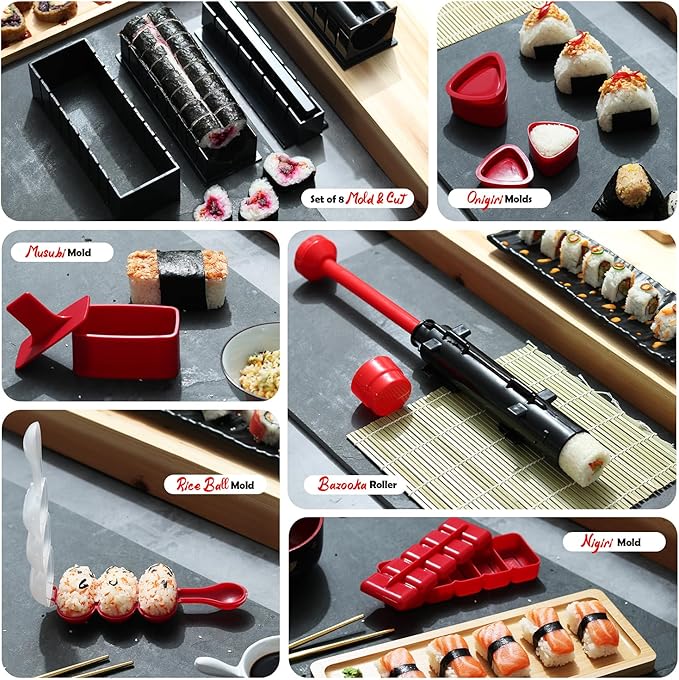 All-Inclusive 𝗣𝗥𝗘𝗠𝗜𝗨𝗠 Sushi Making Kit for Beginners & Professionals - Sushi Maker with Rice Cooker, Reusable Chopsticks, Bazooka, Sushi Roller, Book - Sushi Kit for Family BPA-Free