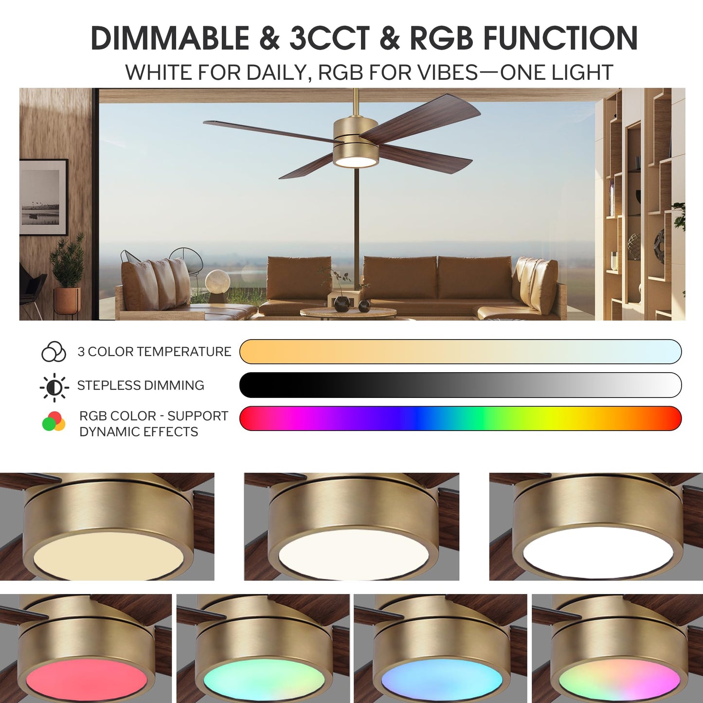 Gold Ceiling Fans With Lights, 52 Inch Chandelier Ceiling Fan With Rgb Led For Bedroom, Remote/ App Control, Brass Outdoor Ceili