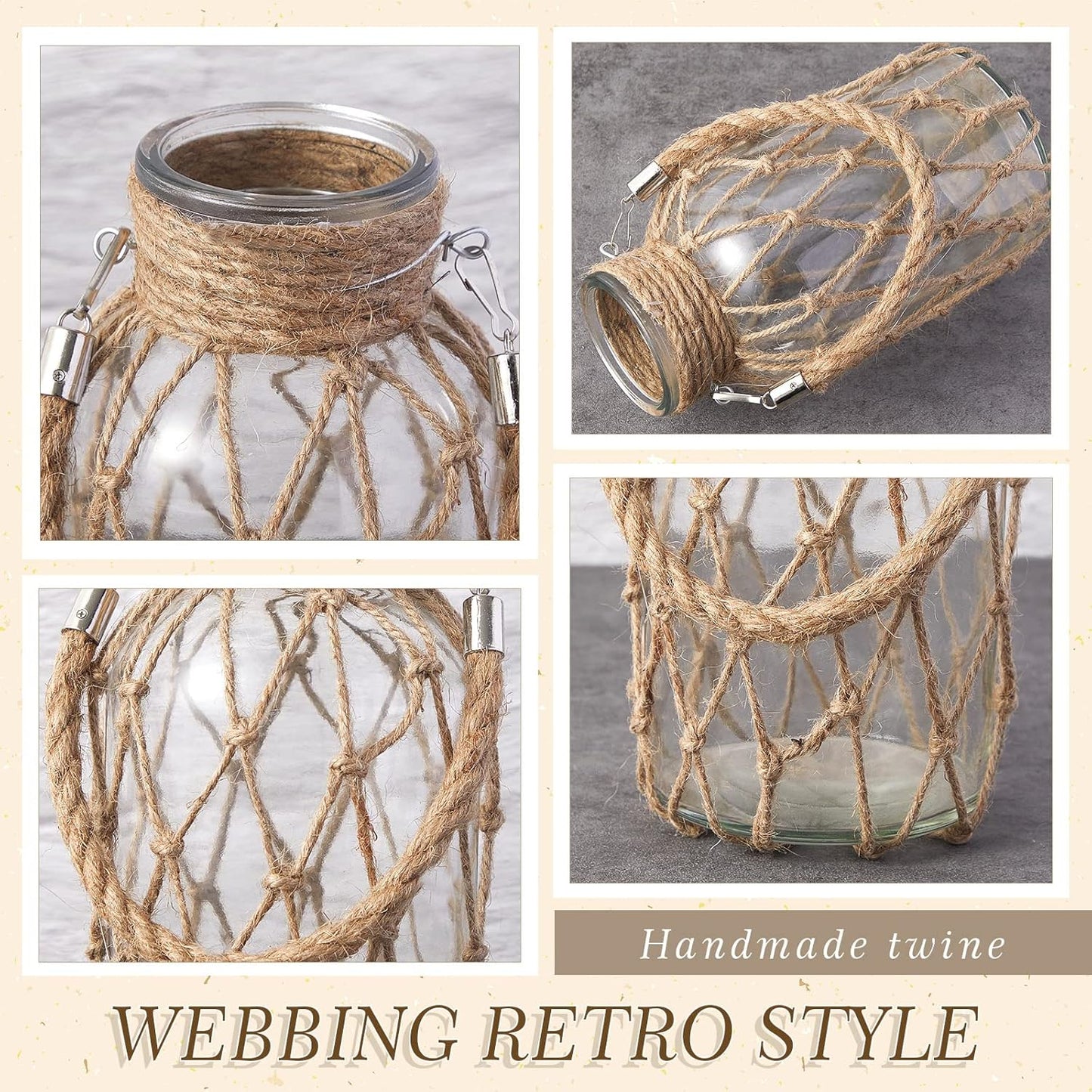 Set of 2 Rope Net Dry Flower Glass Vase 7.9 x 4 Inches Wicker Farmhouse Vase Coastal Decor for Wedding Tables Home Rustic Hanging Mason Jar Rope Wrapping Decorative Bottles Nautical Decor