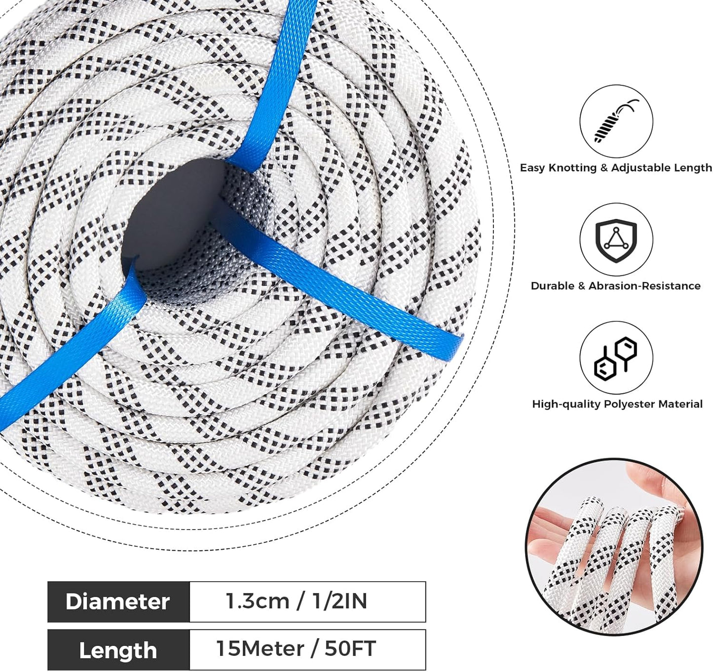 1/2 Inch 50ft Double Braided Polyester Arborist Rope, Heavy Duty Nylon Rope for Anchor, Tree Work, Cargo, Pulling, Sailing(White)
