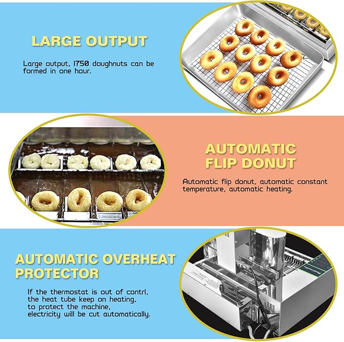 Electric Mini 6 Rows Mini Donut Maker, Donut Maker, Commercial Doughnut Maker,Donut Maker with Stainless Steel 9.5L Hopper,Adjustable Thickness Auto Doughnut Formed and Fryer,2700pcs/hour