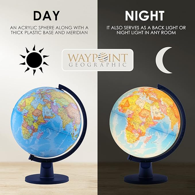 Waypoint Geographic Scout+ Illuminated Map, Kids Interactive Globe with Stand, More than 4000 Places, 12', Bonus Map Included, Blue