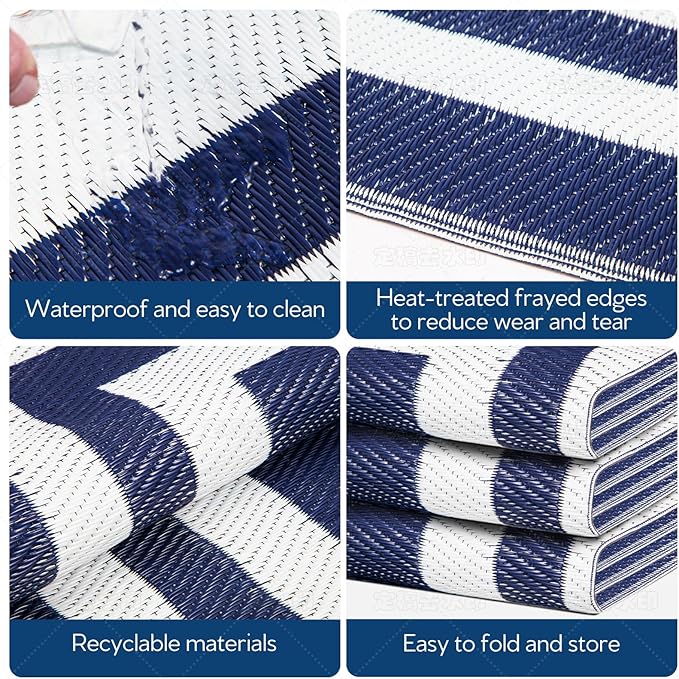 8'x 10' Outdoor Rug,Waterproof Reversible Patio Rugs,8x10 ft Plastic Straw Outdoor Carpet Foldable Plastic Camping Mat for Outside RV, Patio,Picnic,Camper,Balcony,Porch(Navy Blue &White)