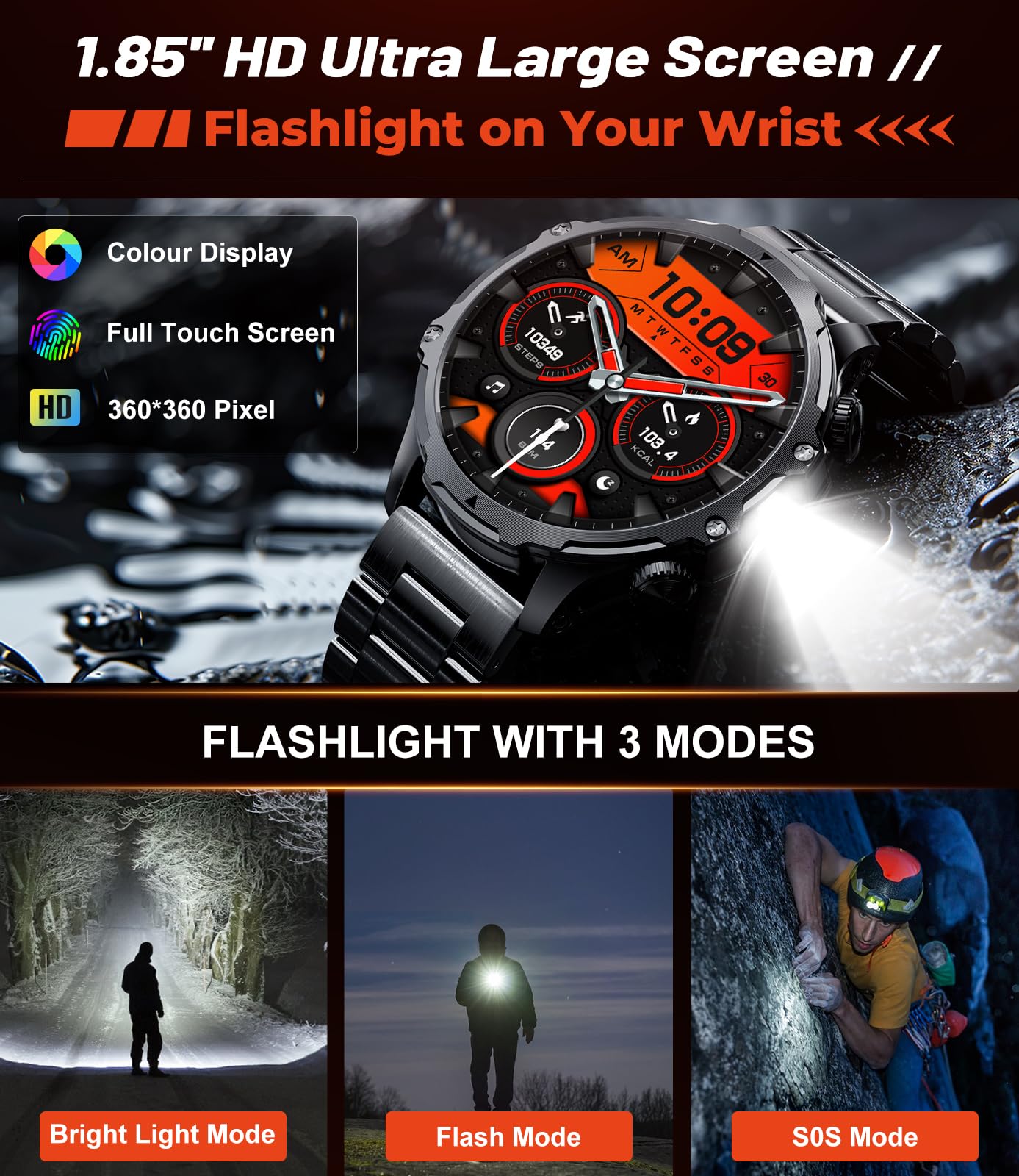Military Smart Watch For Men,1.85  Hd/800Mah Battery Smart Watches With Led Flashlight For Android Ios (Bluetooth Call Answer/Ca