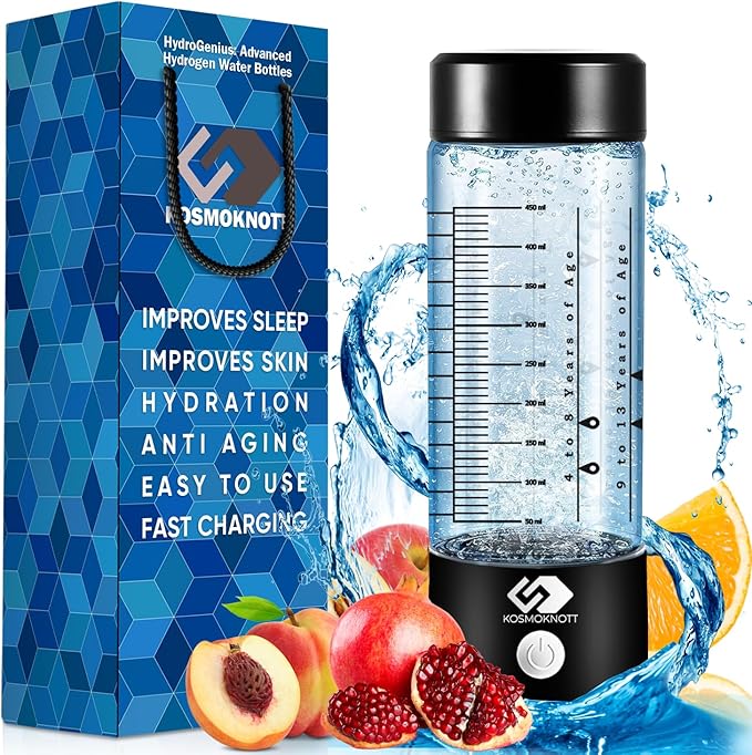 Marked Hydrogen water bottle generator Hydrogenius by Kosmoknott | 3500 ppb Hydrogen Water Machine with Clear Markings | Improves Sleep & Skin, Fast Charging, Leak-Proof Design
