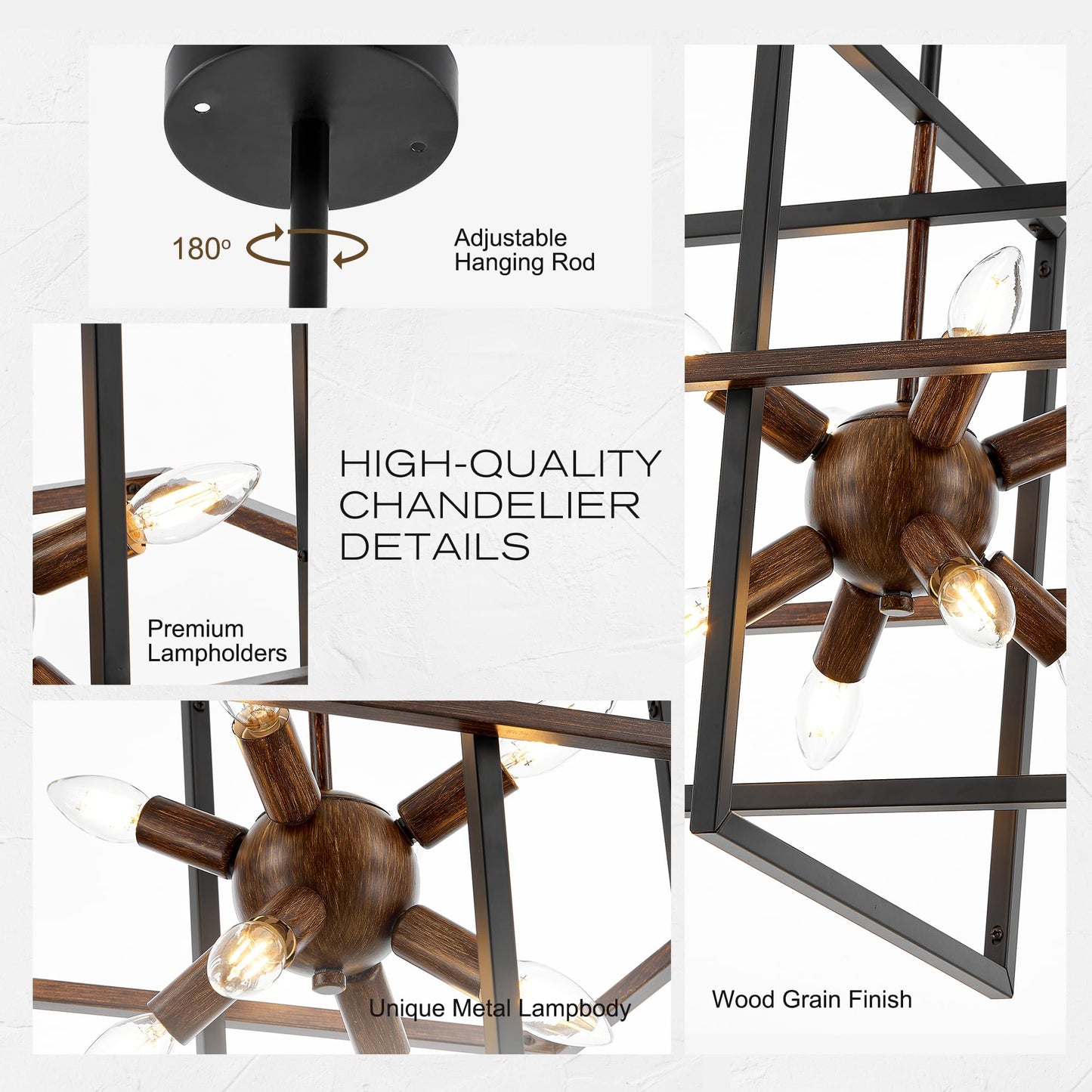Tacdandm 8-Light Wood Grain And Vintage Black Sputnik Chandelier  18.9 Industrial Pendant Lighting Fixture For Dining Room