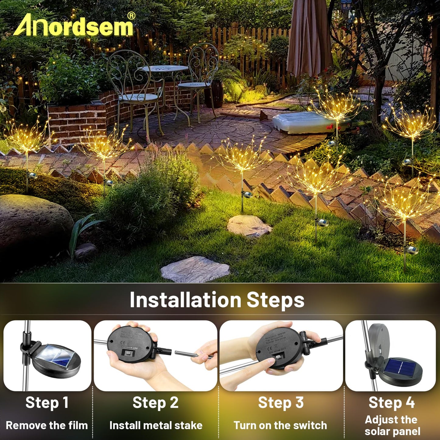 Anordsem Solar Garden Lights Outdoor:4 Pack Bendable Copper Wire With 120Led Firework Beads - Waterproof Diy Warm Decorating Yard Garden Patio - Christmas Gifts For Homeowner Family