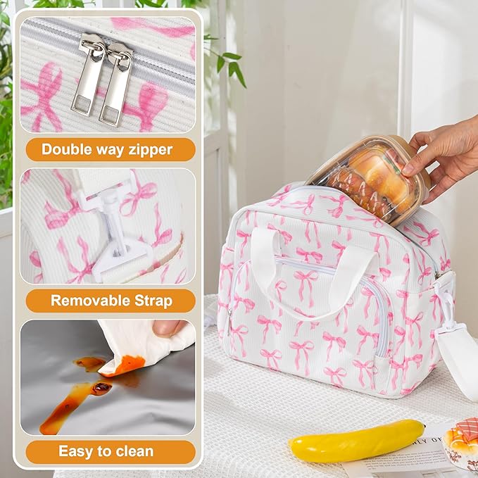 Large Lunch Bag for Women Insulated Lunch Box Reusable Cooler Bag Portable Cute Corduroy Leakproof Tote Bags for Travel, Work, and Picnic, Ribbon Bow