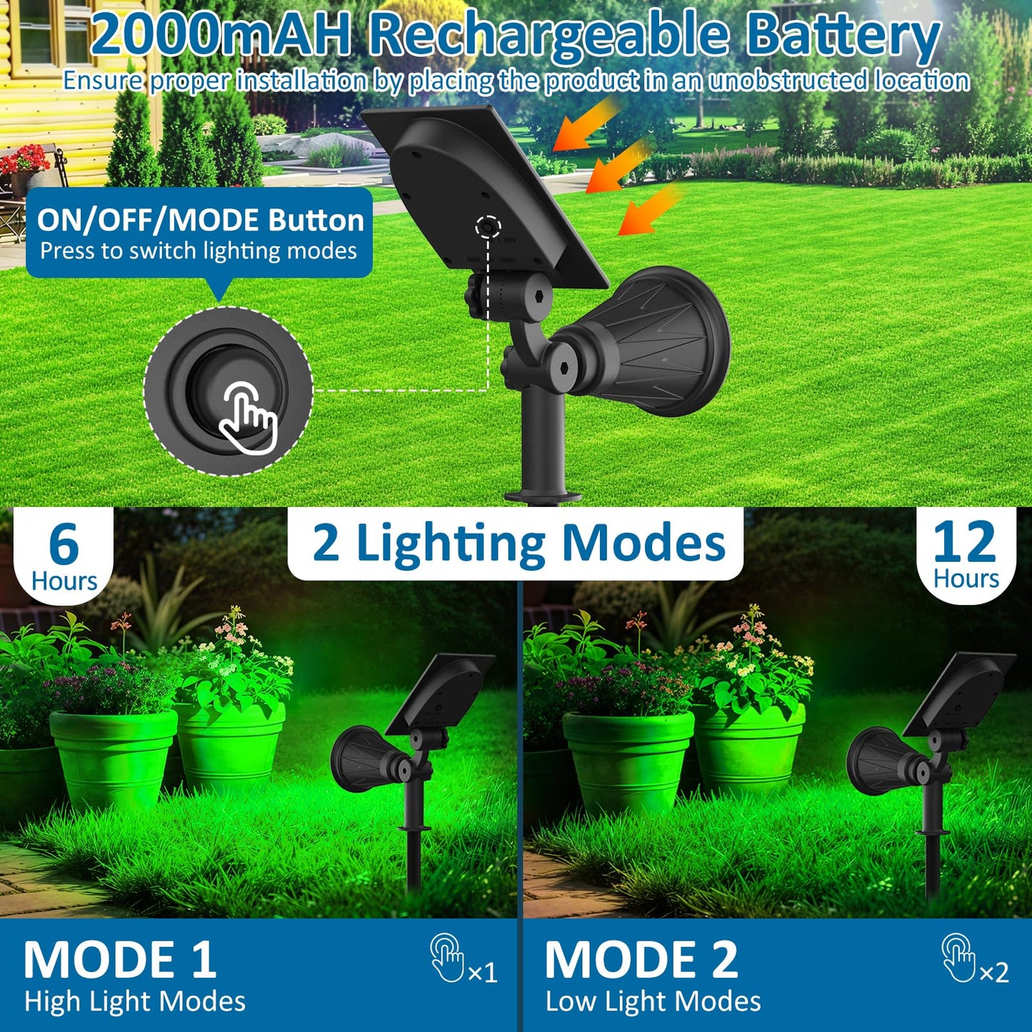 T-SUNUS Solar Spotlight - Green, IP65 Waterproof, Auto-on/Off, 2 Pack, Model G102 for Outdoor Landscape Lighting
