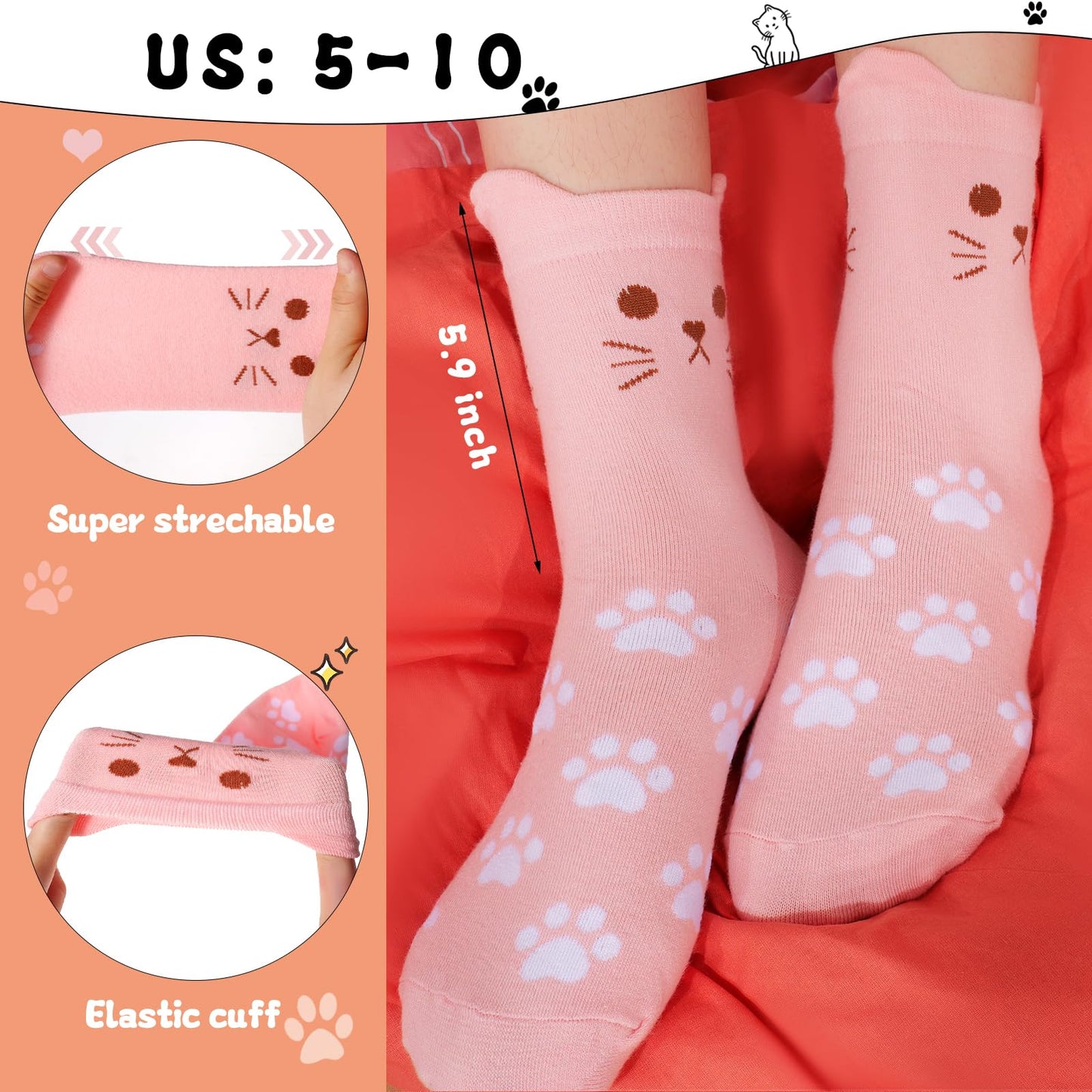 ZXGXLAW 5 Pack Women's Cat Socks Colorful Cute Funny Crew Socks,Novelty Gifts for Teenage Girls Girlfriend Animal Lovers