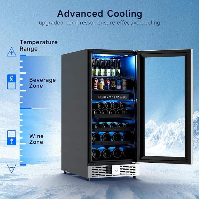 15 Inch Wine Fridge,37-65°F Digital Touchscreen Dual Zone Wine Refrigerator for Built-In or Freestanding, Wine Cooler with Removable Shelves