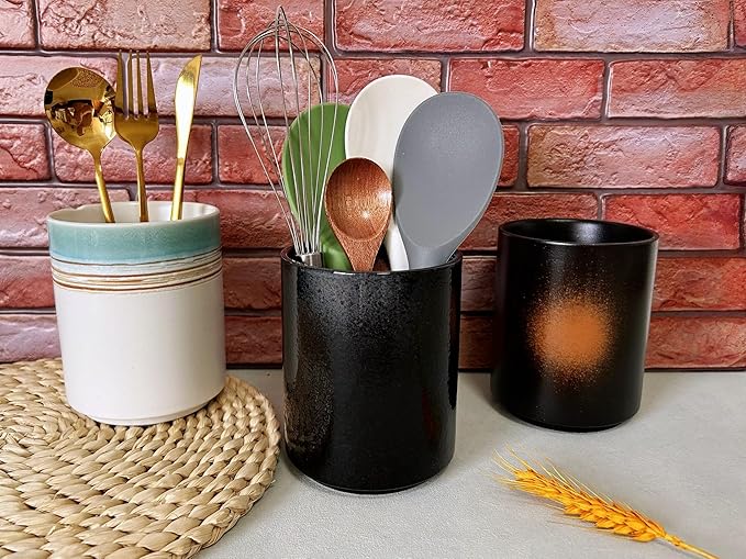 Short Kitchen Utensil Holder for Kitchen Counter Cooking Utensil Holder for Countertop Spatula Holder Small Utensil Crock Cutlery Holder Silverware Caddy Flower Vase (Retro Black)