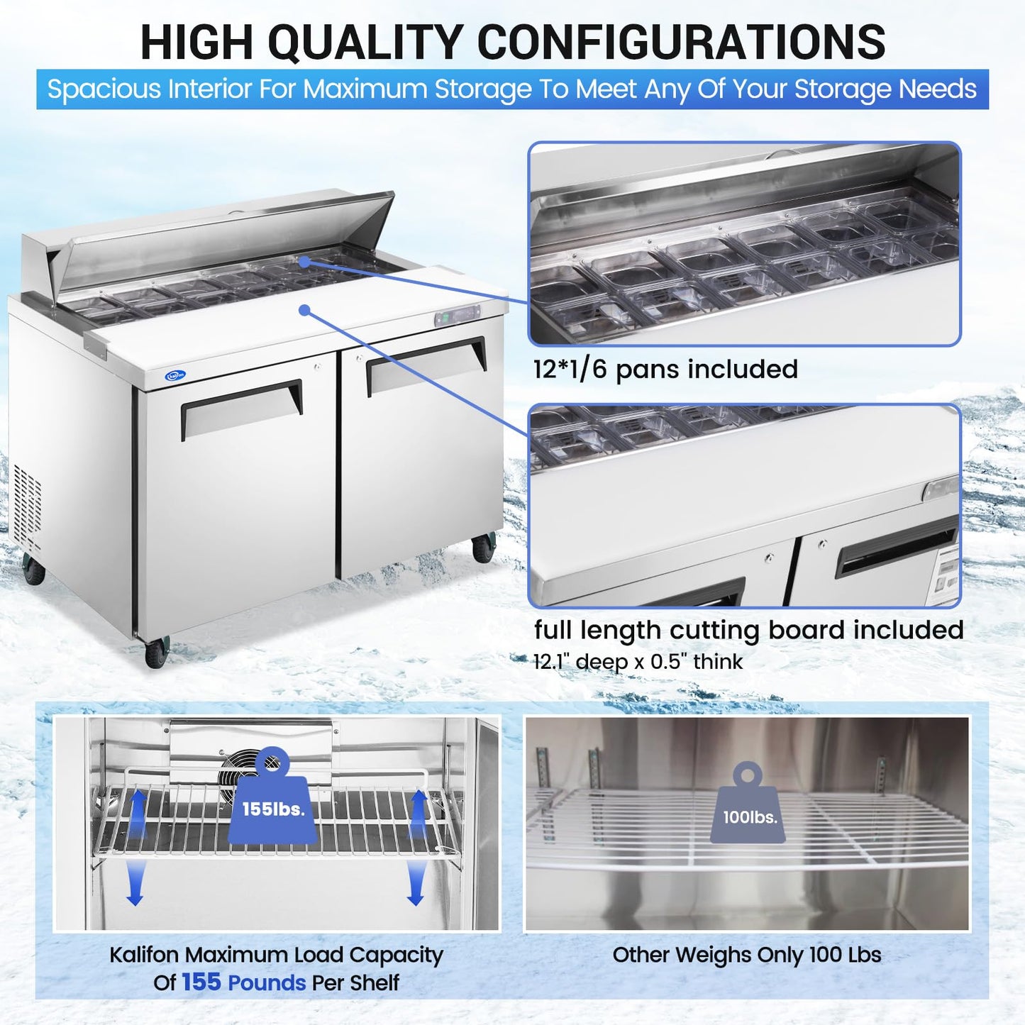 kalifon 48" W 2 Door Refrigerator Sandwich Salad Prep Table Commercial Stainless Steel Fan Cooling Refrigerator with Cutting Board, 2 Shelves & 12 Pans for Restaurant, Bar, Shop-12.9 Cu.ft
