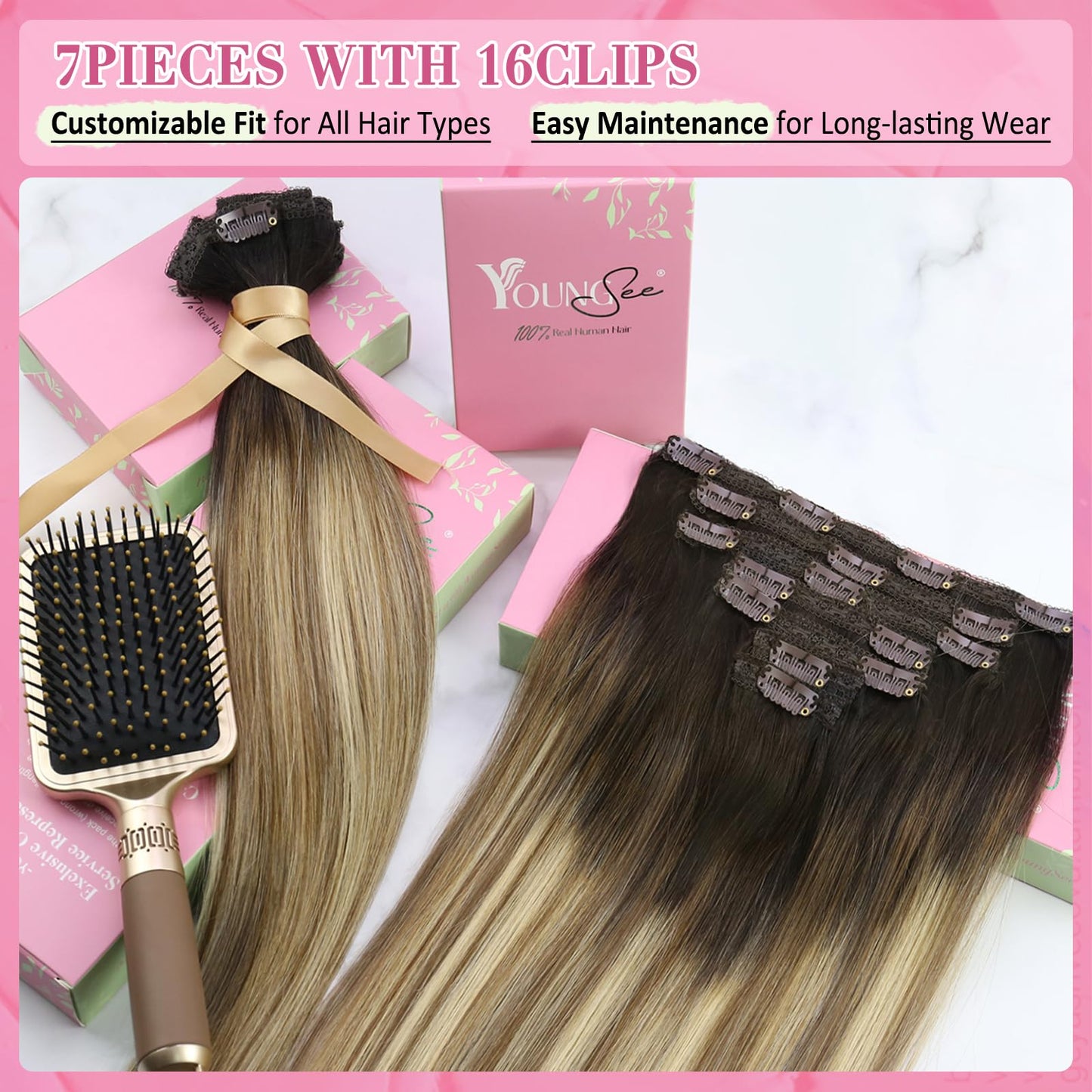 YoungSee Clip in Human Hair Extensions Balayage Clip in Hair Extensions Real Human Hair Dark Brown Roots Blending into Medium Br