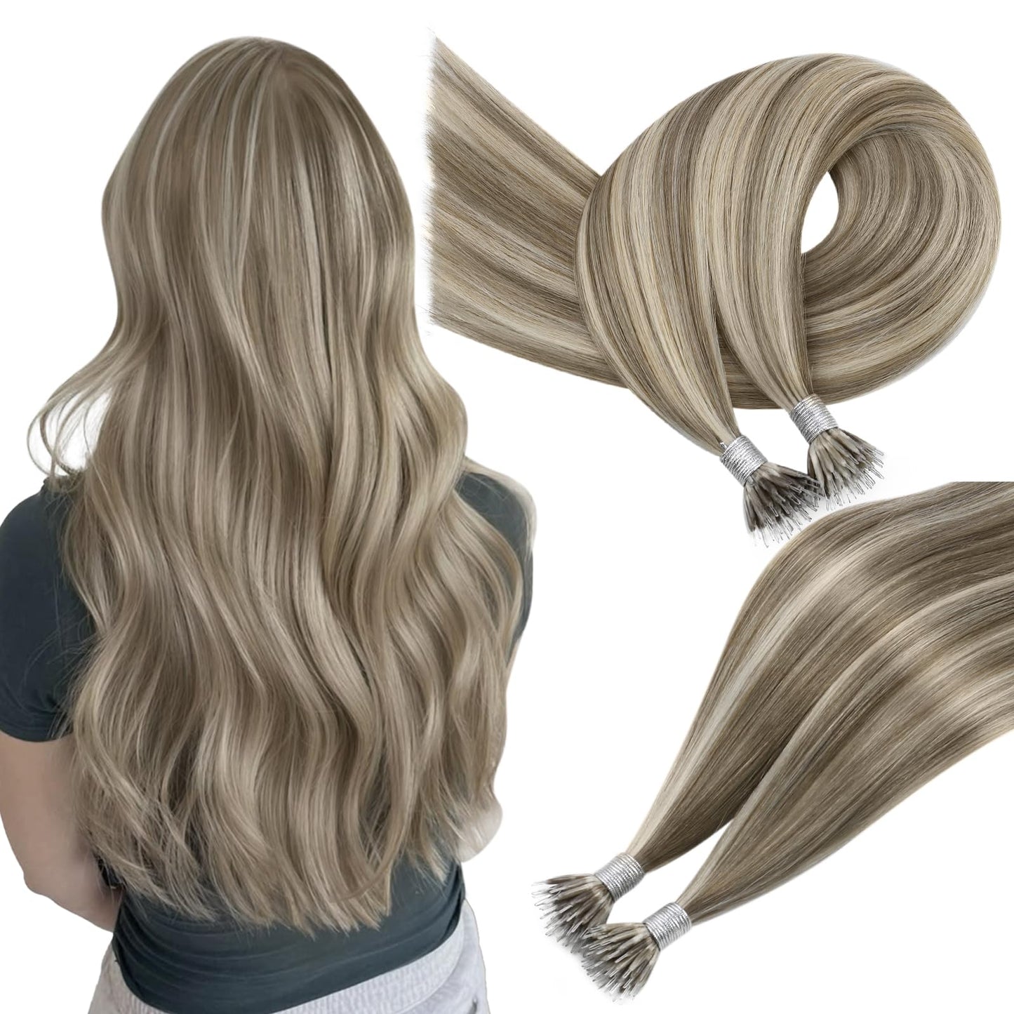 Easyouth Nano Hair Extensions Human Hair Highlight Nano Ring Hair Extensions Highlight Light Brown and Blonde Nano Extension Hum