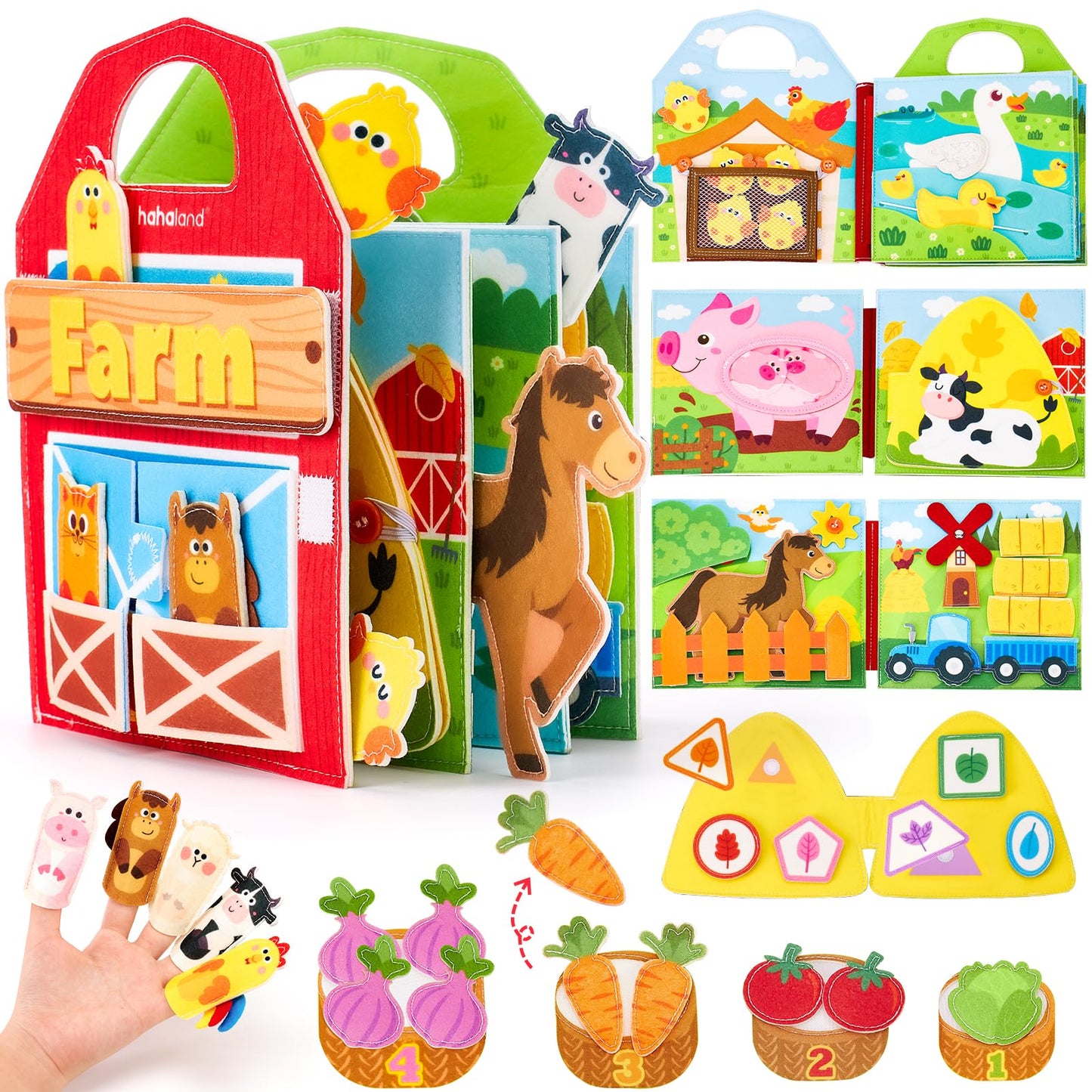 hahaland Busy Board for 1 Year Old - Farm Animals Quiet Busy Book for Toddlers 1-3 - Montessori Toys for 1 Year Old Boy Girl Gifts - Educational Activity Books Felt Learning Board Airplane Travel Toys