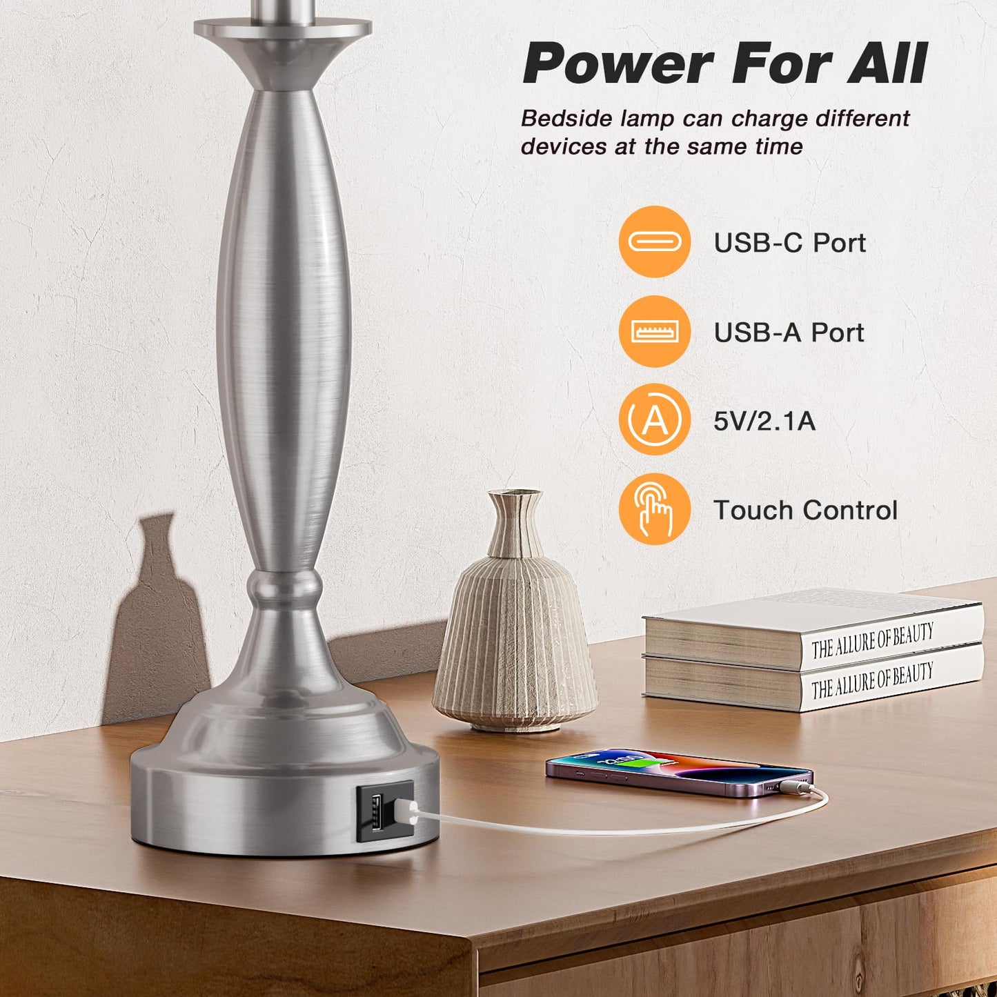 Seealle Touch Bedside Lamps Set of 2 - 3 Way Dimmable, USB Port, 22.5in, Metal, Mottled Gray Shade and Nickel Base